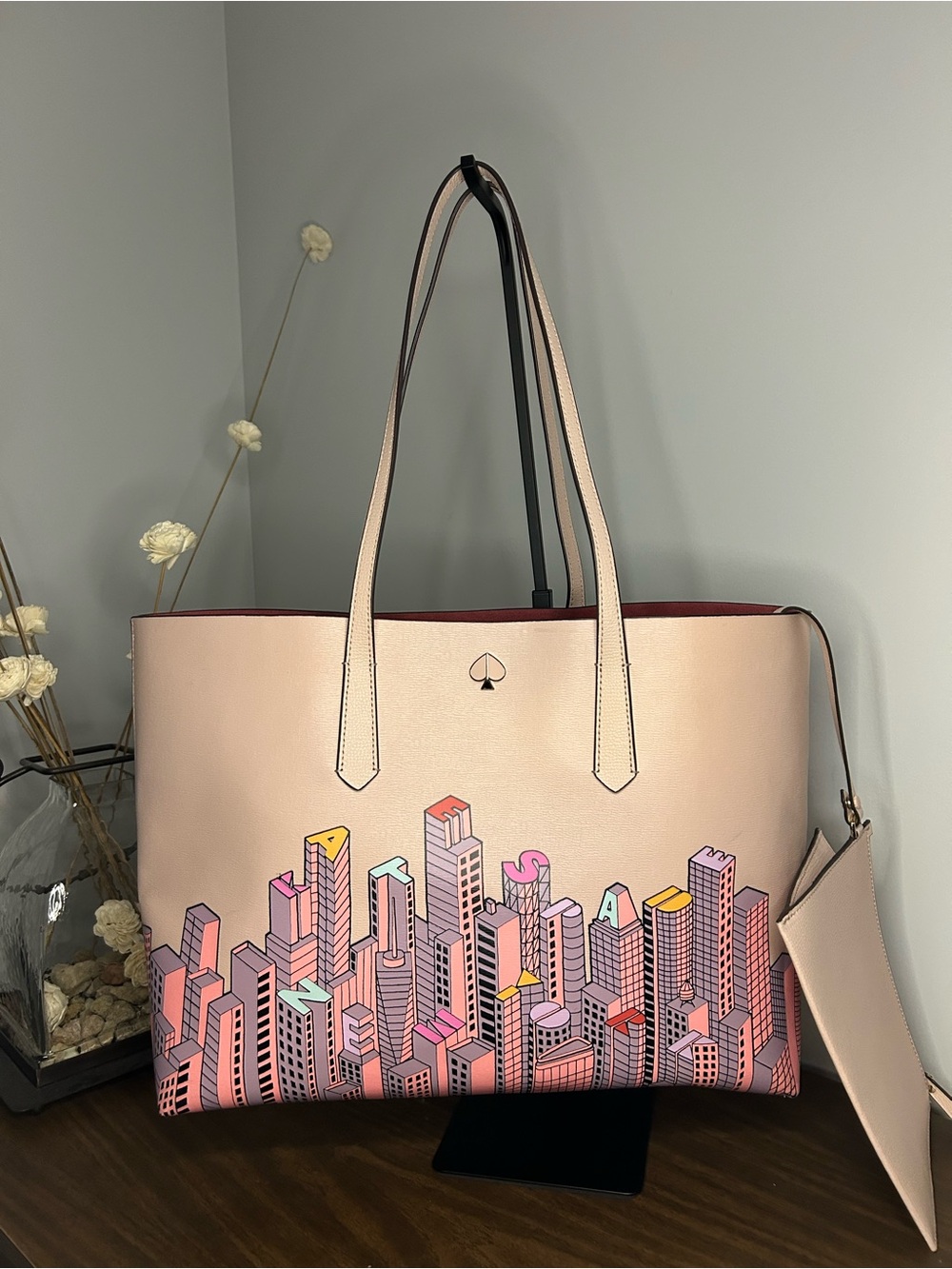 Kate Spade City Skyline Large Tote Bag Pink NYC Print Matching Pouch
